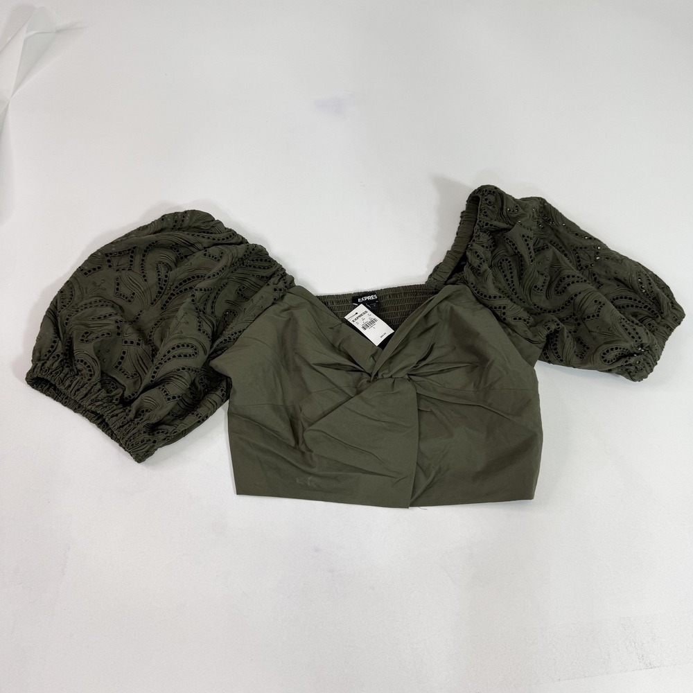 Express Crop Top Womens Large Green Puff Sleeve Eyelet Embroidery Smocked Back